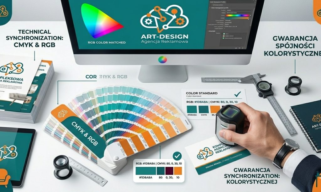 synchronizacja techniczna kolorów CMYK i RGB na wzorniku i monitorze, agencja reklamowa Art-Design Zielona Góra